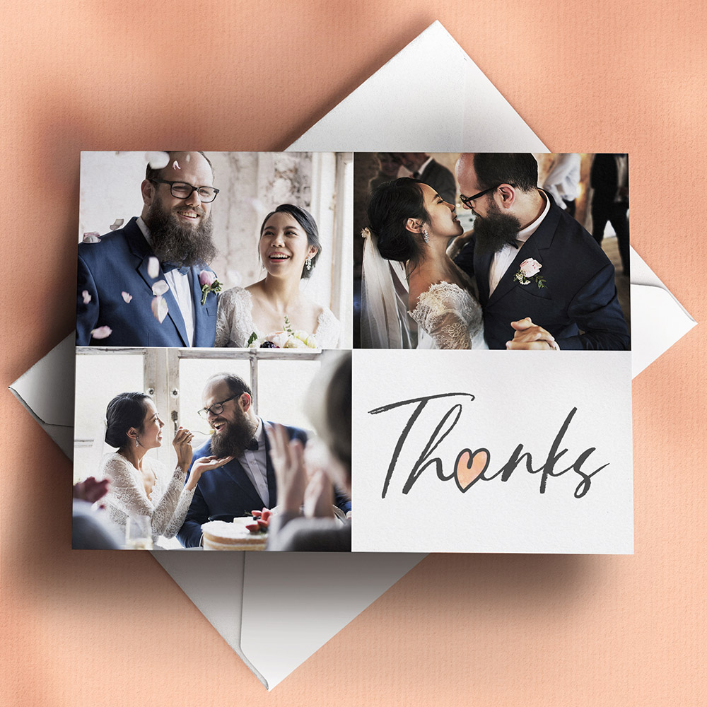 A black and white, a6 landscape plain wedding thank you card with an elegant style.