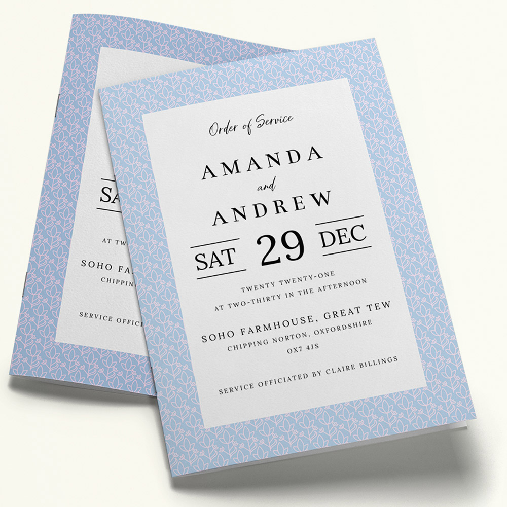 A blue and pink, a5 portrait multipage wedding programme with a modern style.