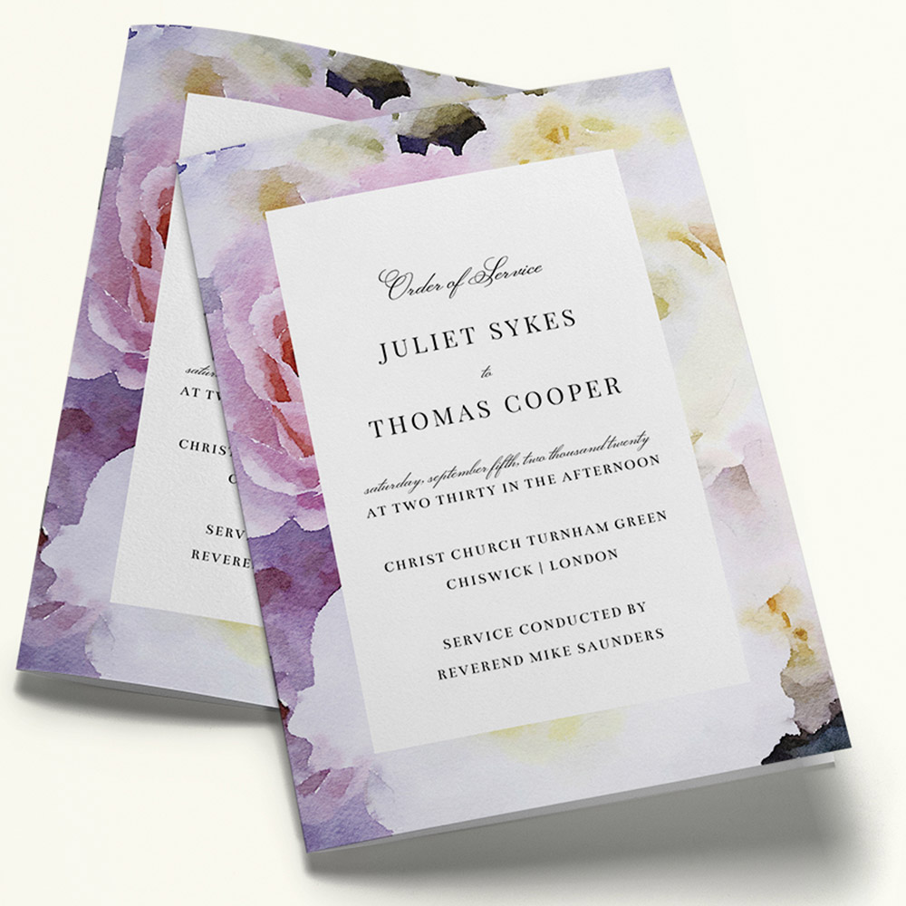 A light purple and pink, a5 portrait multipage wedding programme with a modern style.