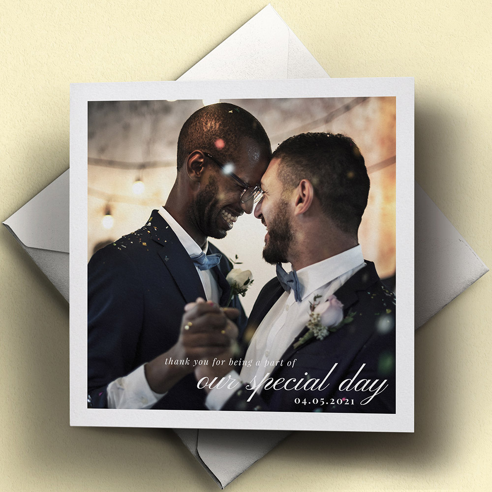 A white, square photo wedding thank you card with a modern style.