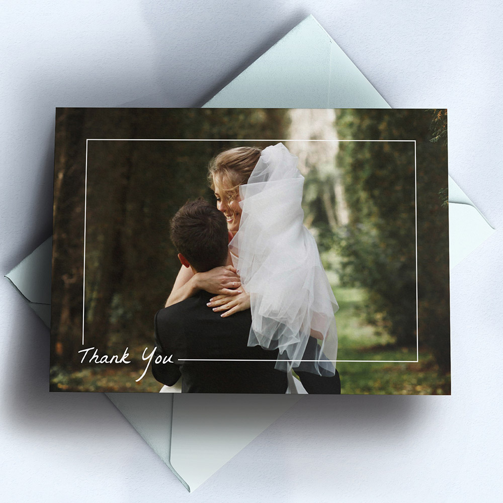 A white, a5 landscape premium wedding thank you card with a modern style.