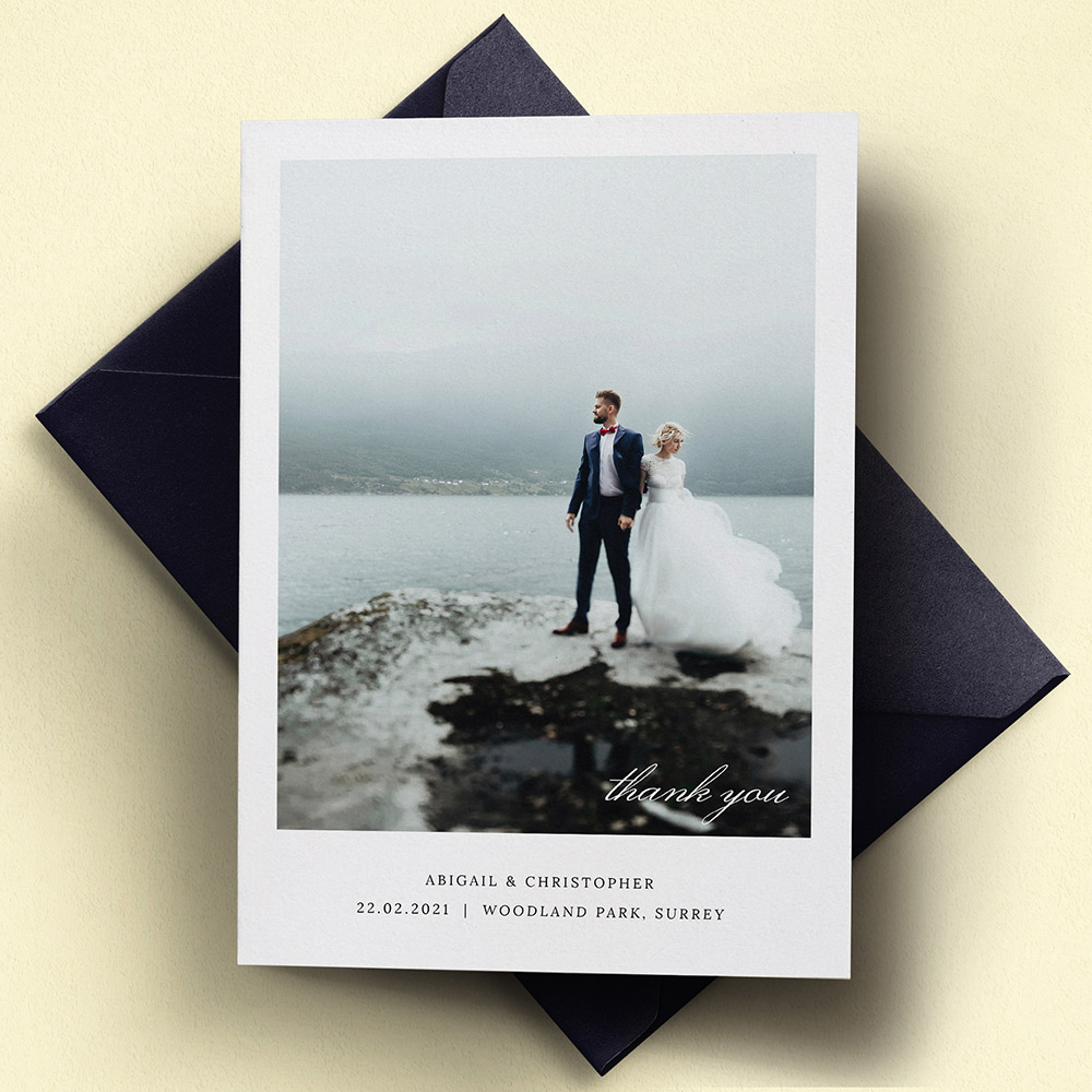 A white, a5 portrait premium wedding thank you card with a modern style.