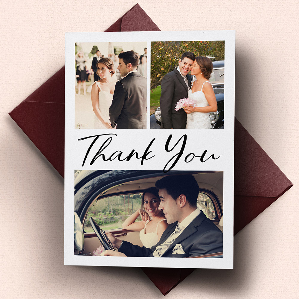 A white, a5 portrait traditional wedding thank you card with a modern style.