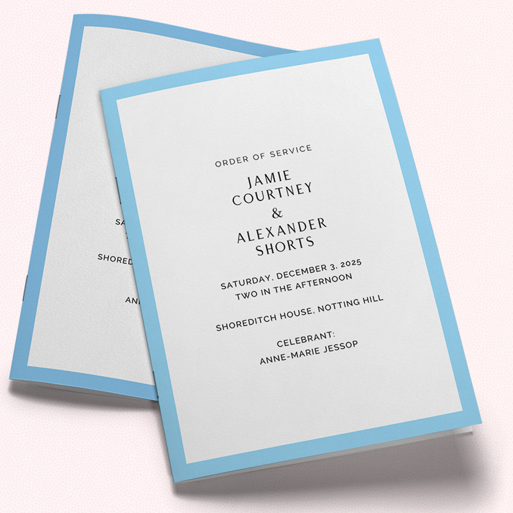 A blue and white, a5 portrait wedding programme with a modern style.
