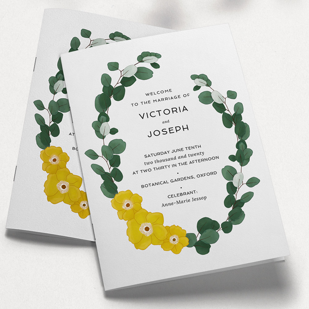 A dark green and yellow, a5 portrait wedding programme with a modern style.