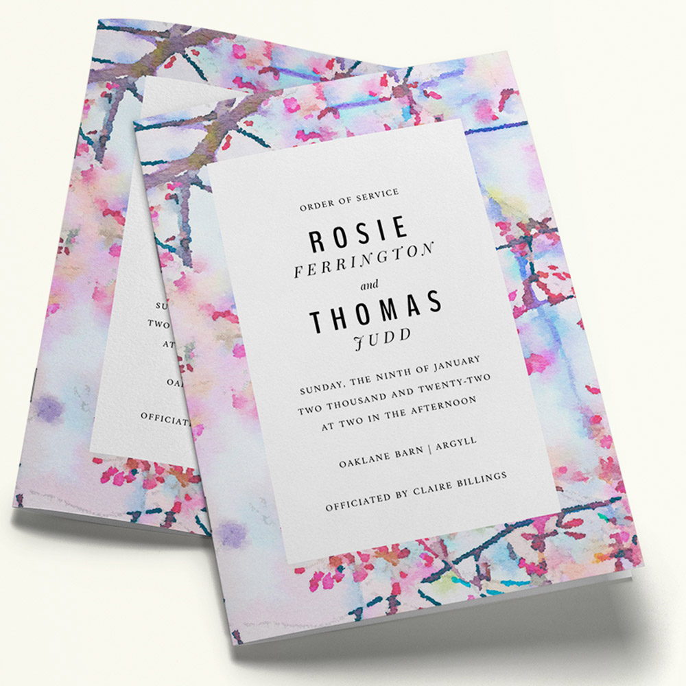 A light blue and light pink, a5 portrait wedding programme with a modern style.
