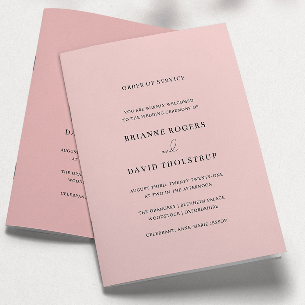 A pink, a5 portrait wedding programme with a modern style.