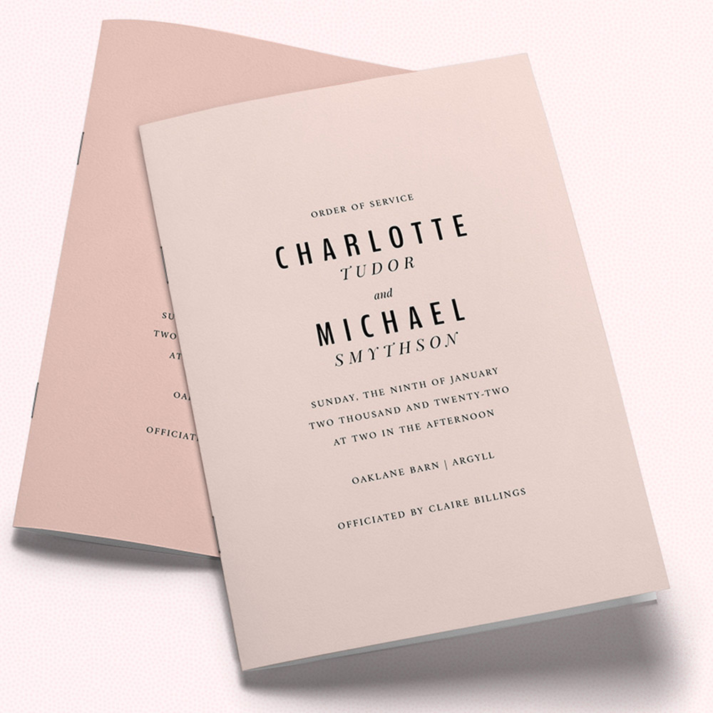 A pink, a5 portrait multipage wedding order of service with a rustic style.