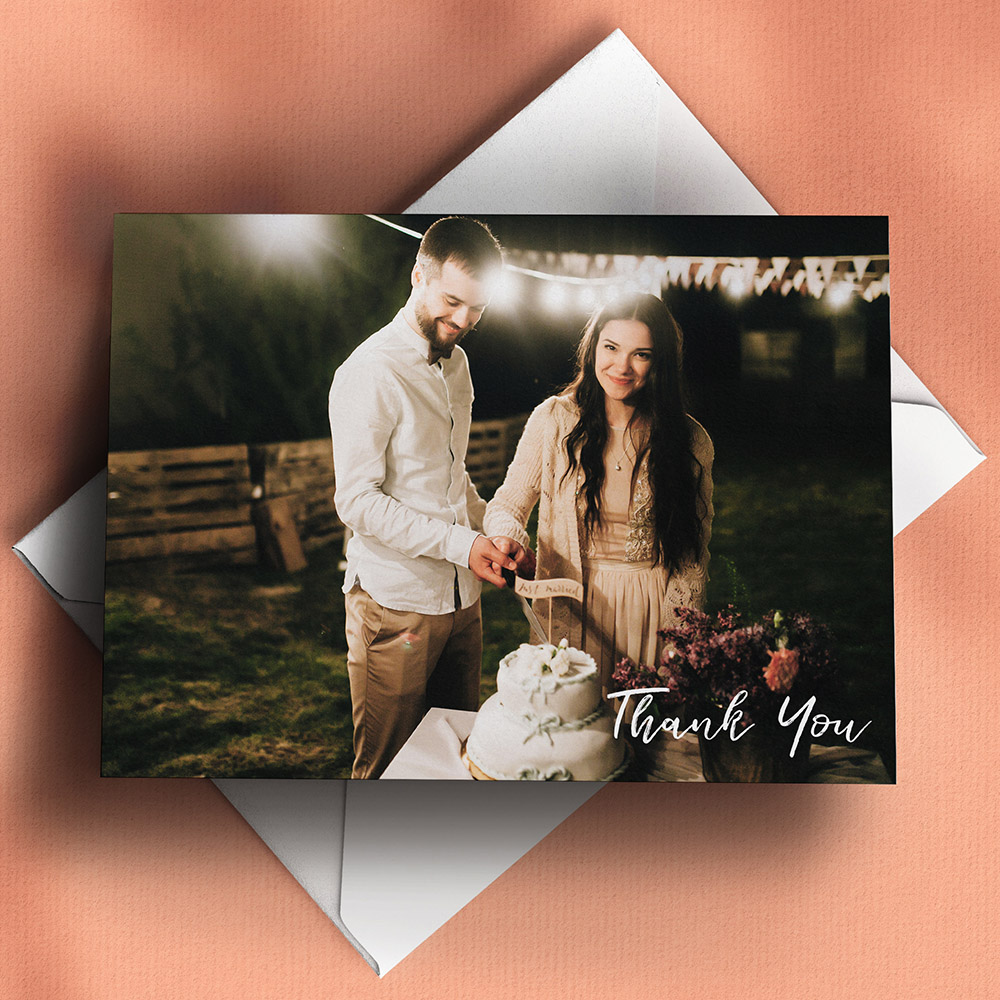 A white, a5 landscape photo wedding thank you card with a rustic style.