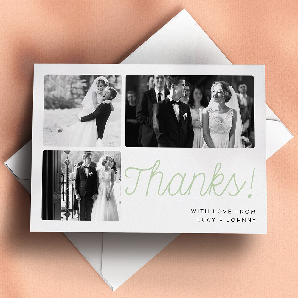 A white and green, a6 landscape photo wedding thank you card with a rustic style.