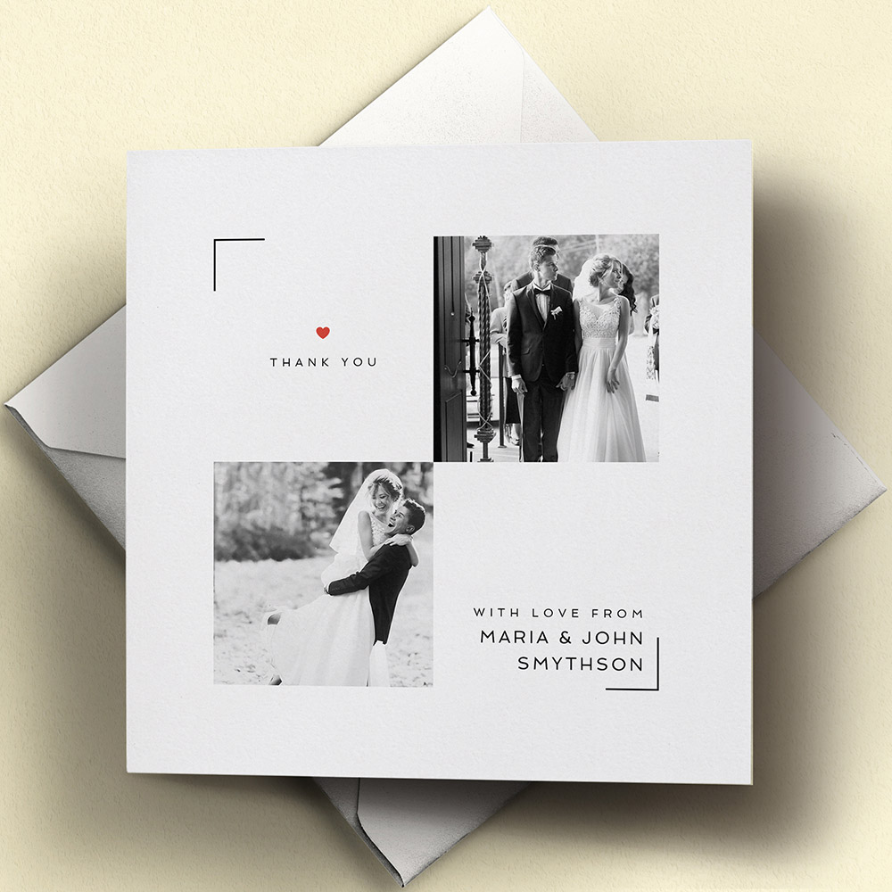 An white and red, square affordable wedding thank you card with a simple style.