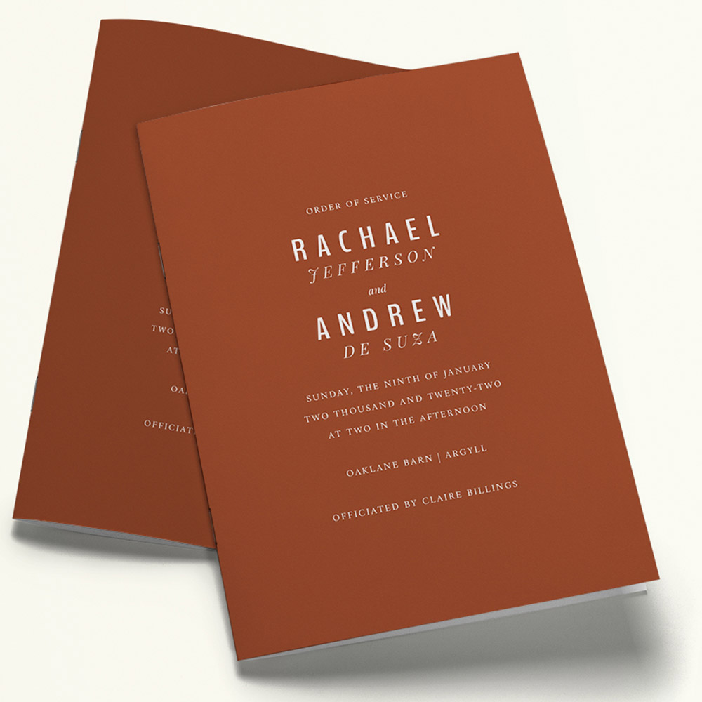 A dark orange, a5 portrait multipage wedding order of service with a simple style.