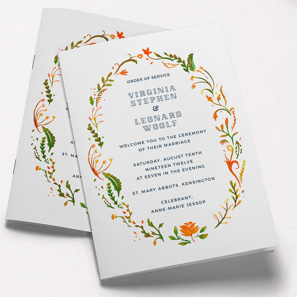 A orange and green, a5 portrait multipage wedding order of service with a simple style.