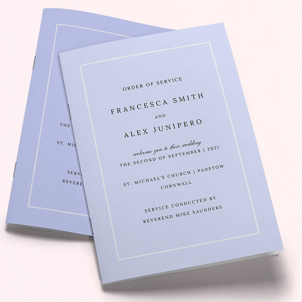 A blue and white, a5 portrait multipage wedding programme with a simple style.