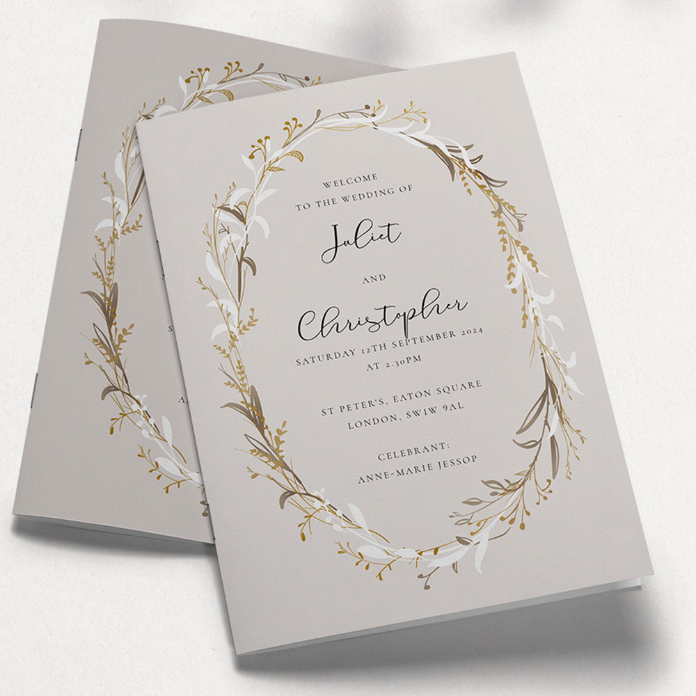 A dark cream and gold, a5 portrait multipage wedding programme with a simple style.