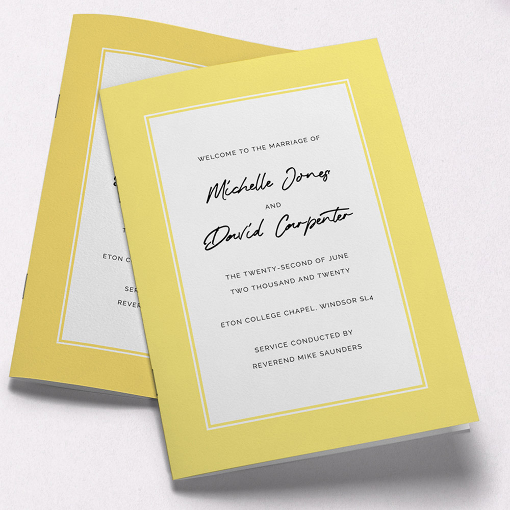 A yellow and white, a5 portrait multipage wedding programme with a simple style.