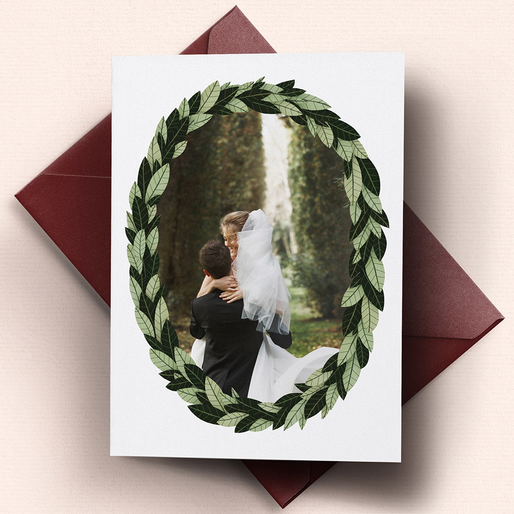 A light green and dark green, a5 portrait photo wedding thank you card with a simple style.