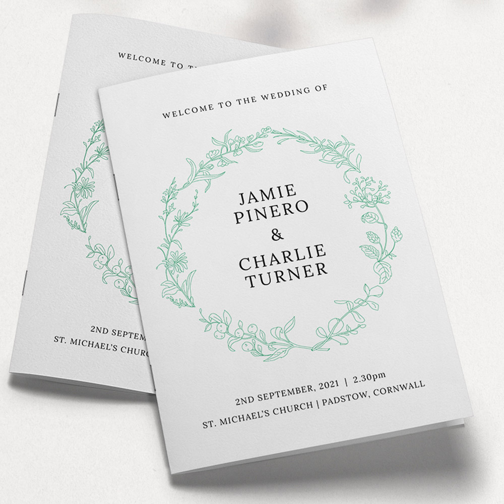 A green and white, a5 portrait stapled wedding order of service with a simple style.