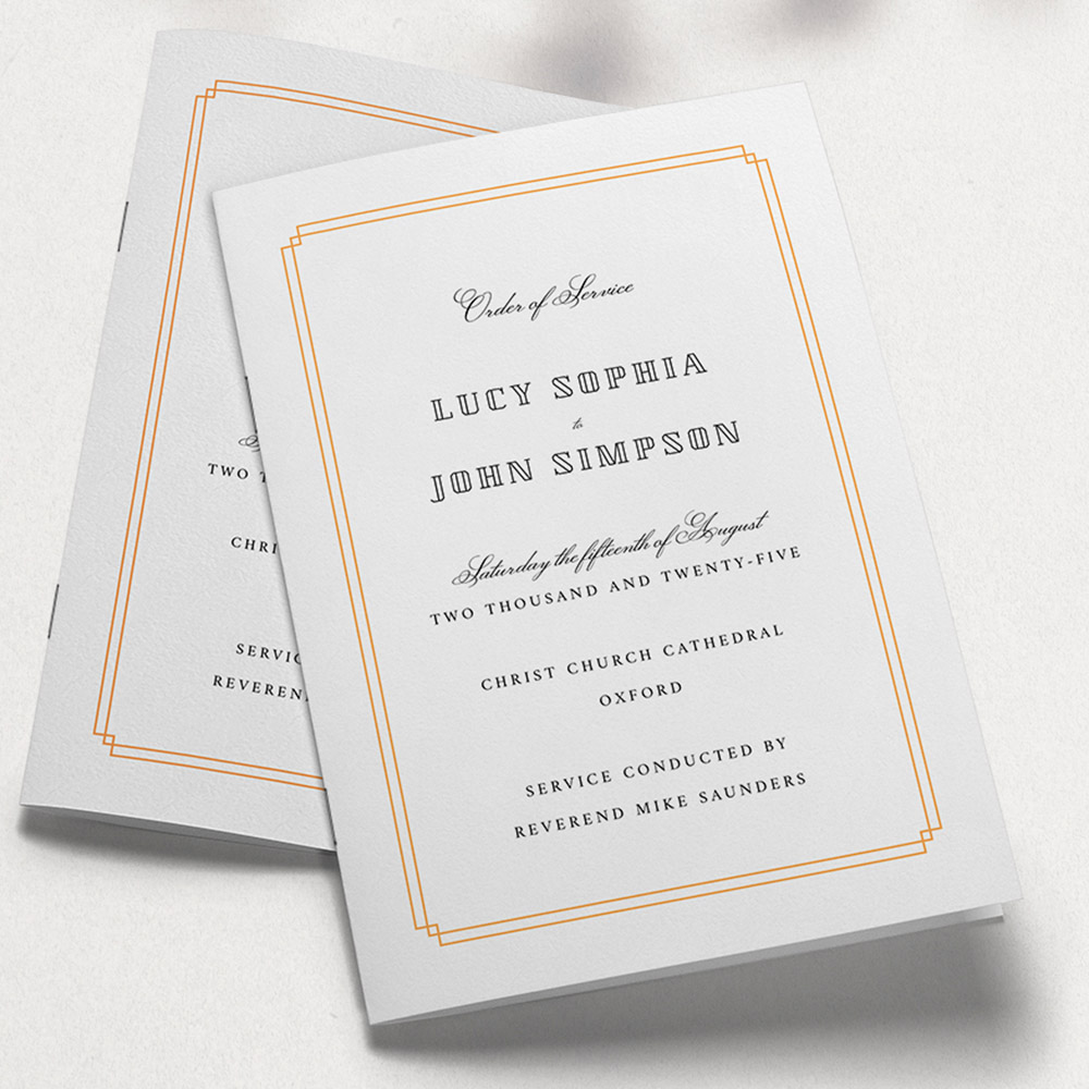 A orange and white, a5 portrait stapled wedding order of service with a simple style.