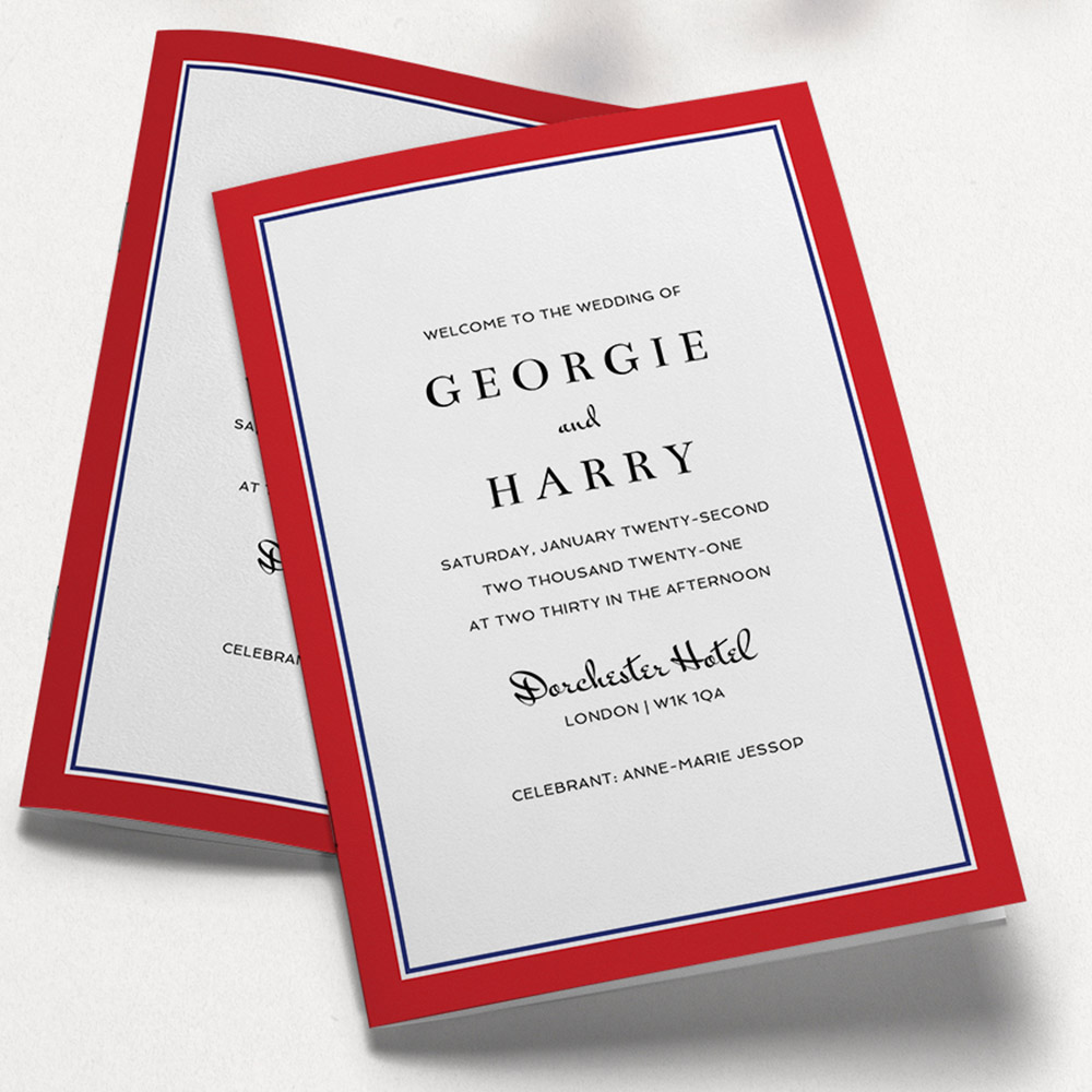 A red and blue, a5 portrait stapled wedding order of service with a simple style.