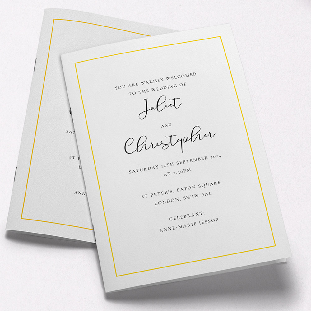 A white and yellow, a5 portrait stapled wedding order of service with a simple style.