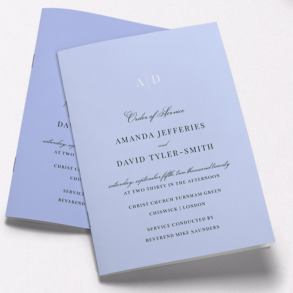 A blue and white, a5 portrait wedding order of service with a simple style.