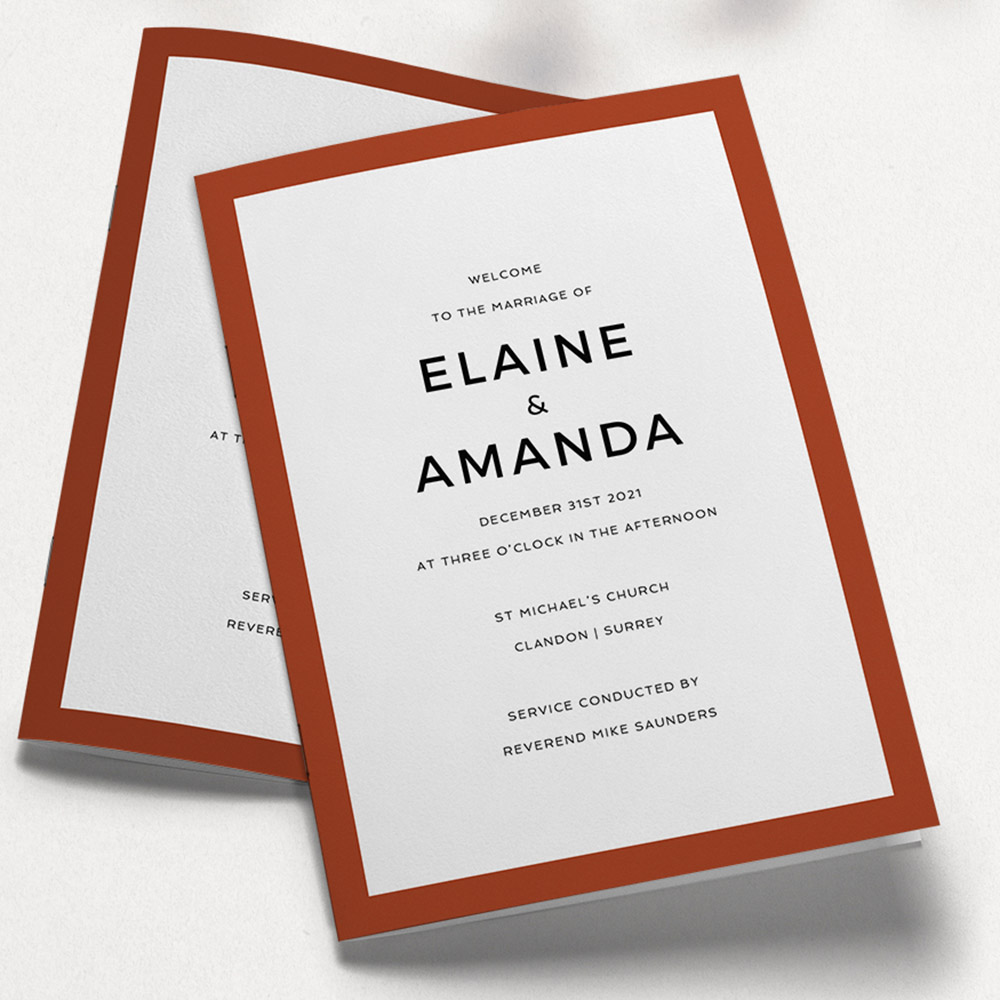 A dark orange, a5 portrait wedding order of service with a simple style.