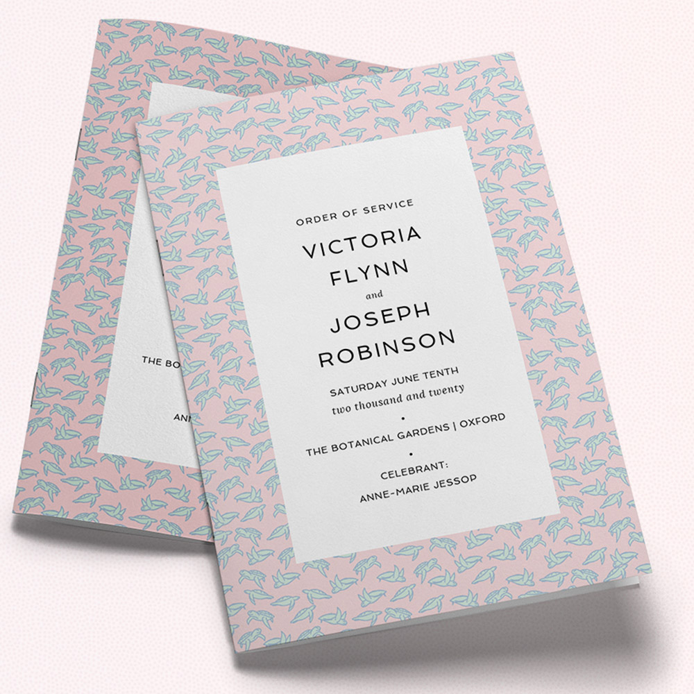 A blue and pink, a5 portrait wedding programme with a simple style.