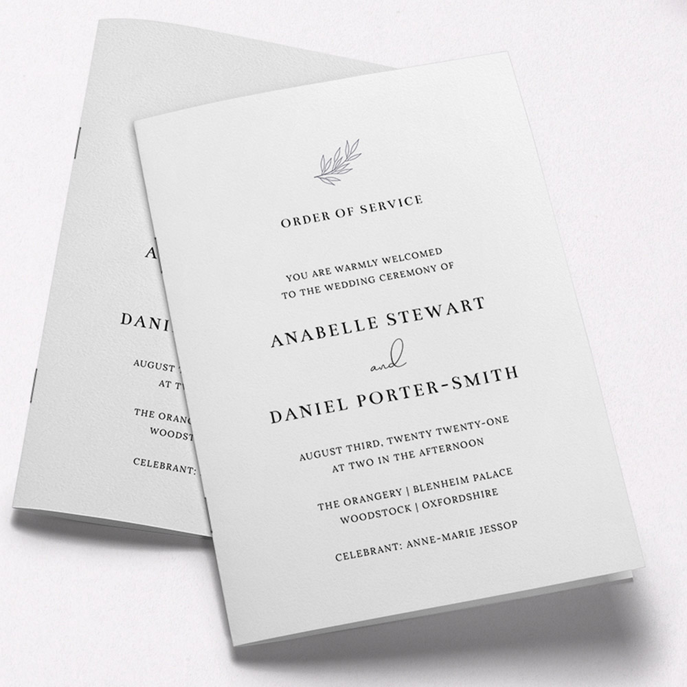 A white, a5 portrait wedding programme with a simple style.