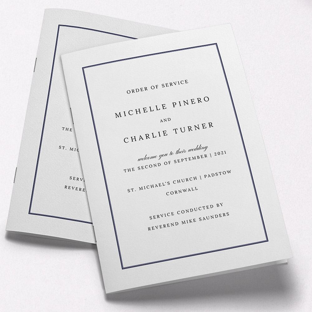 A white and blue, a5 portrait wedding programme with a simple style.
