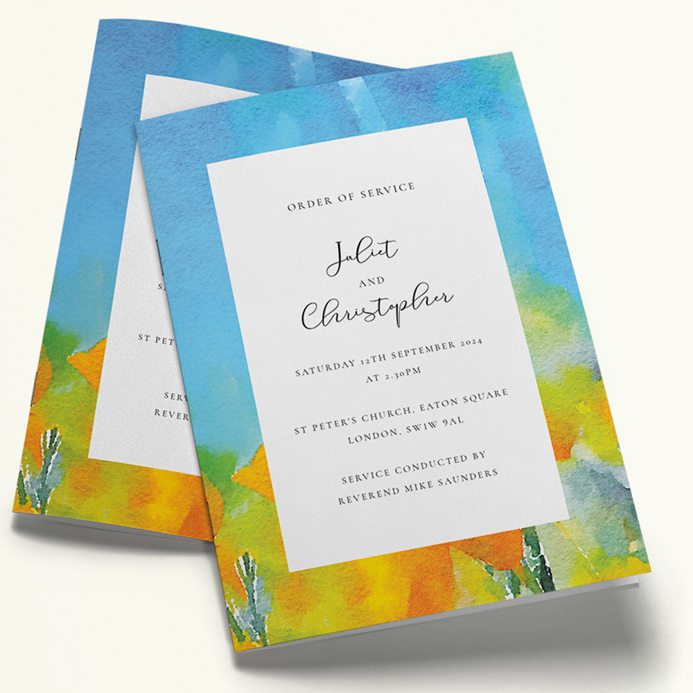 A yellow and blue, a5 portrait wedding programme with a simple style.