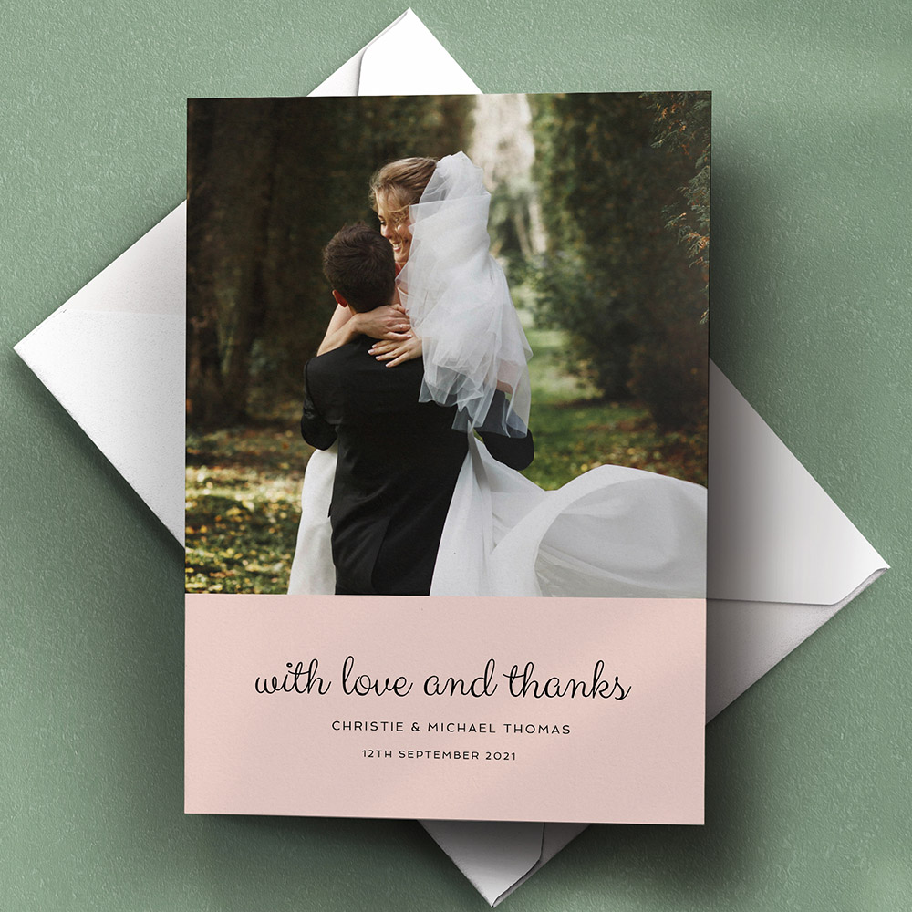 A pink, a5 portrait wedding thank you card with photos with a simple style.