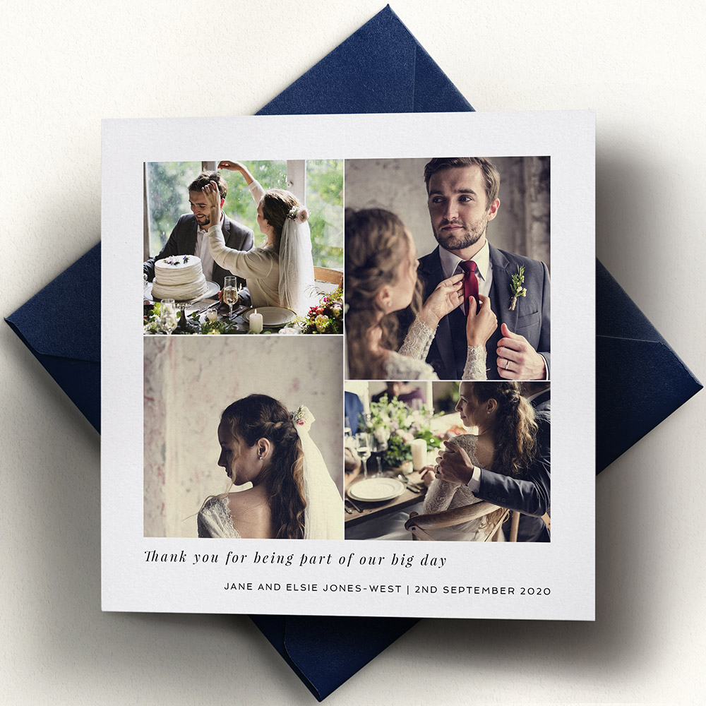 A white, square photo wedding thank you card with a traditional style.