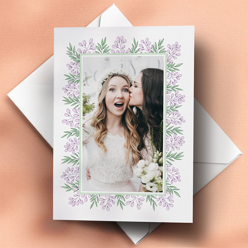 A purple and green, a6 portrait plain wedding thank you card with a traditional style.