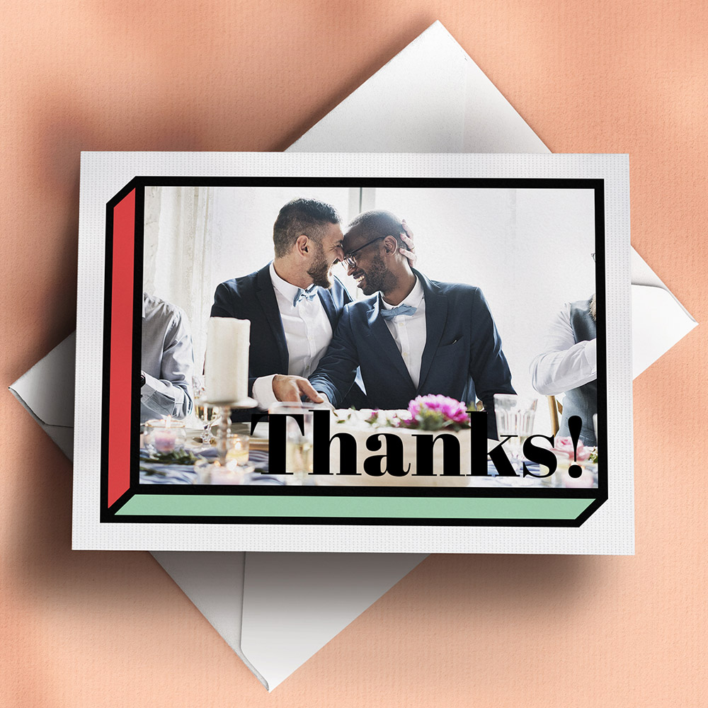 A red and green, a6 landscape plain wedding thank you card with a traditional style.