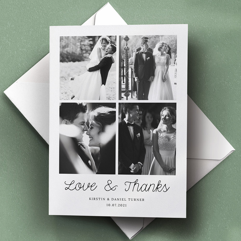 A white, a5 portrait photo wedding thank you card with an unique style.