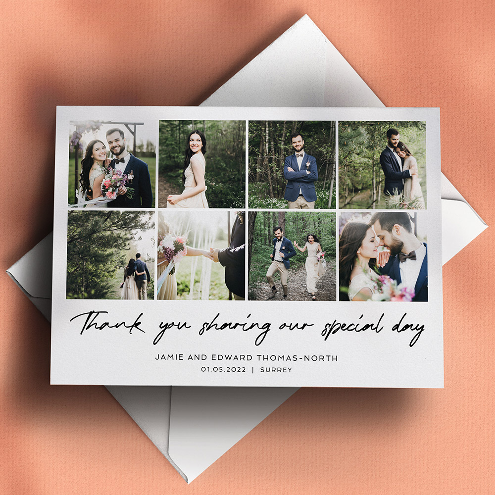 A white, a5 landscape plain wedding thank you card with an unique style.