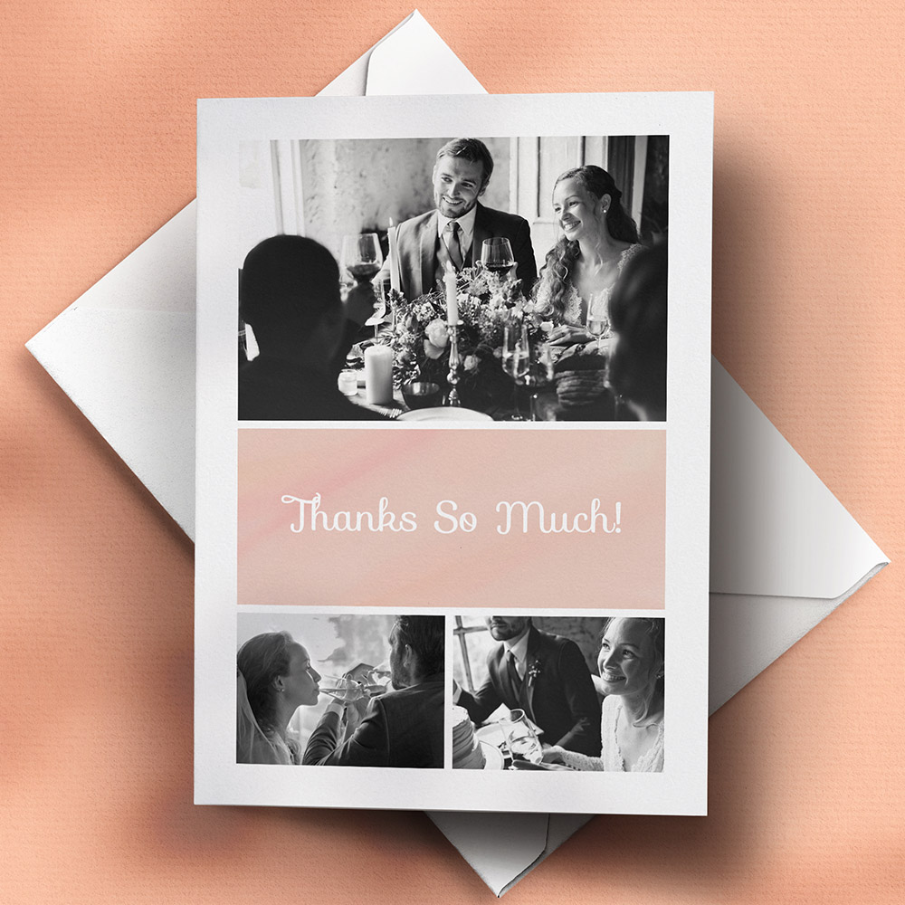 A pink and white, a5 portrait premium wedding thank you card with an unique style.