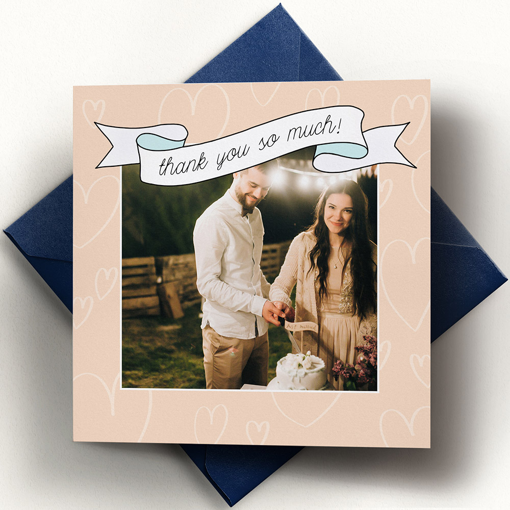 A faded yellow and light blue, square simple wedding thank you card with an unique style.