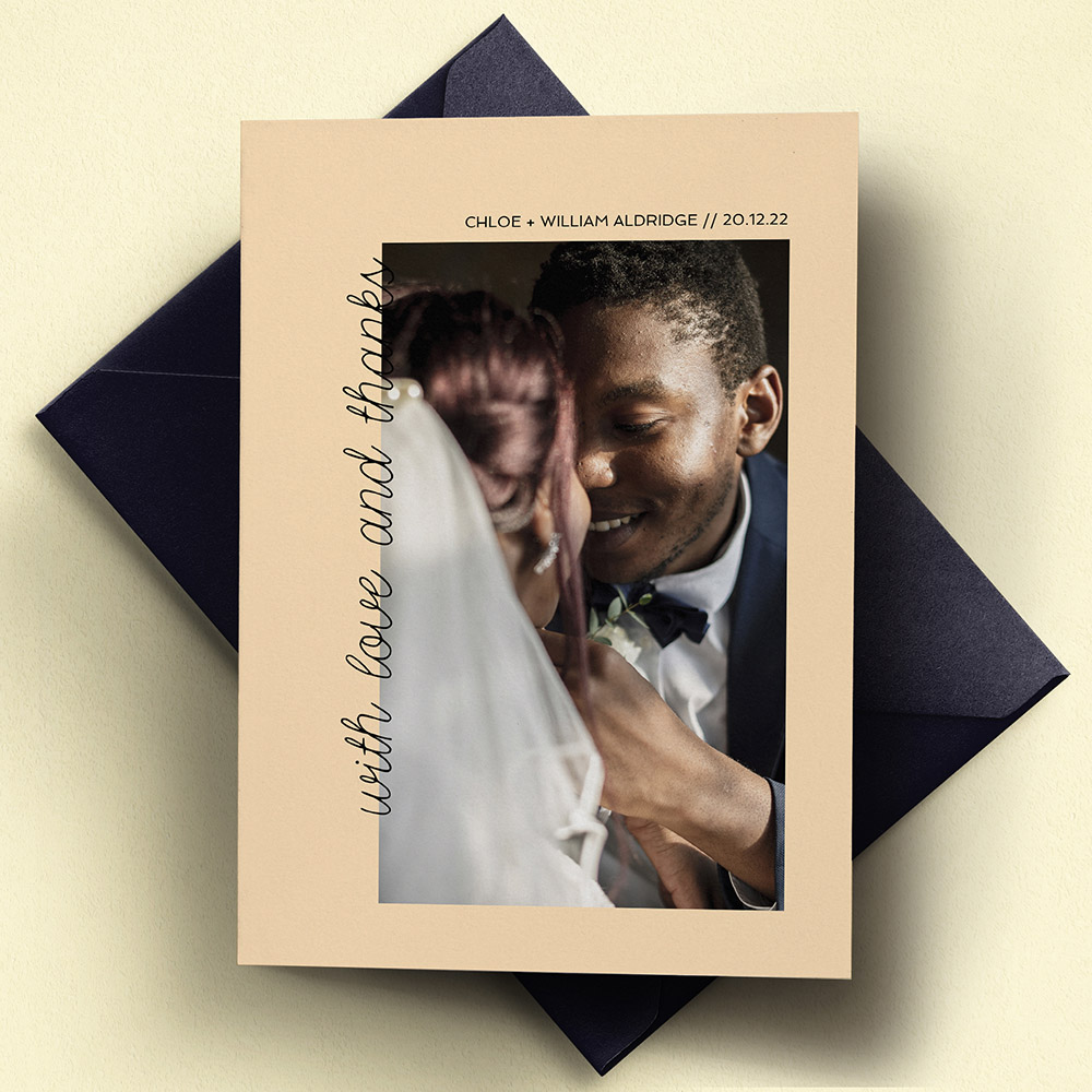 A faded orange, a5 portrait wedding thank you card with photos with an unique style.