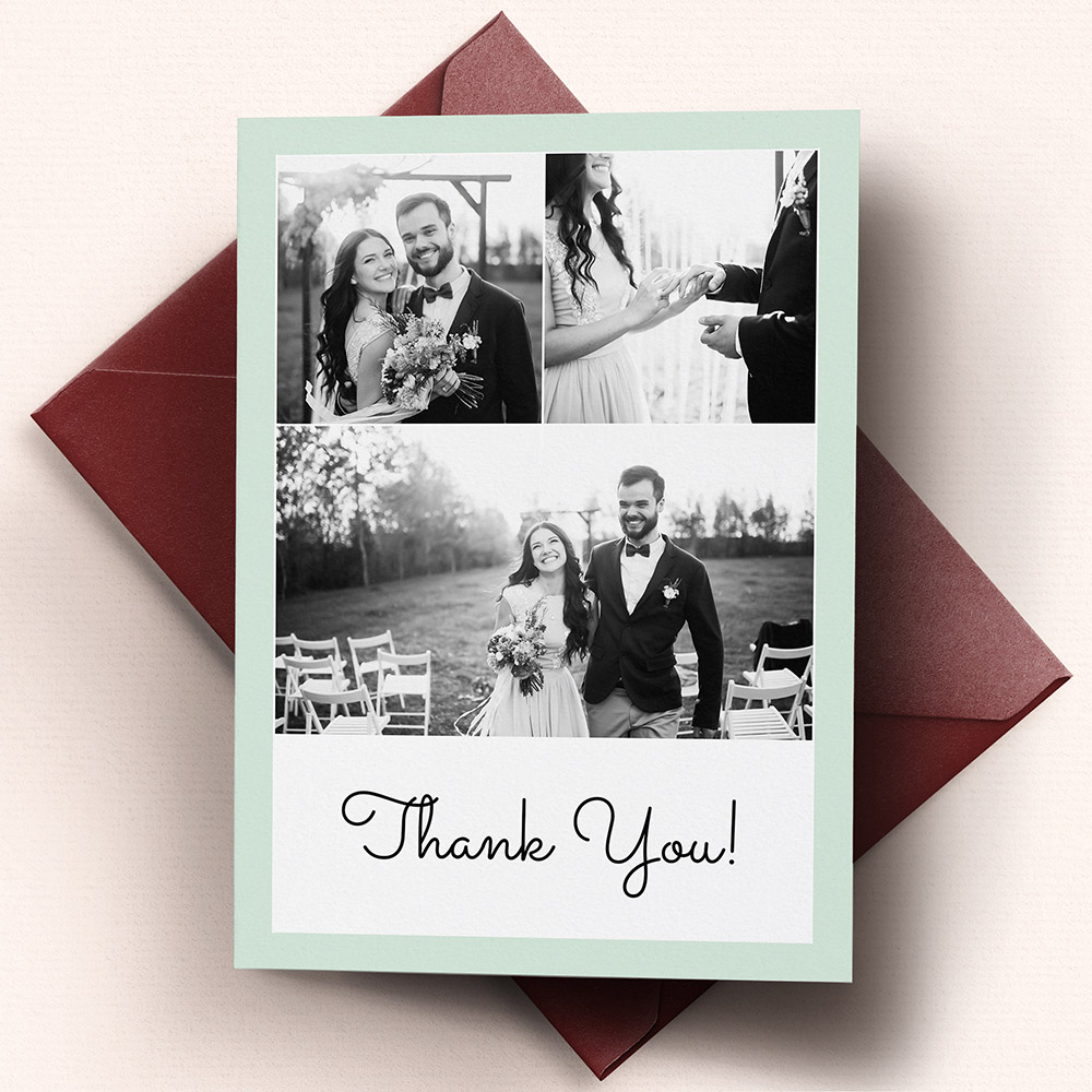 An green and white, a6 portrait affordable wedding thank you card with a vintage style.