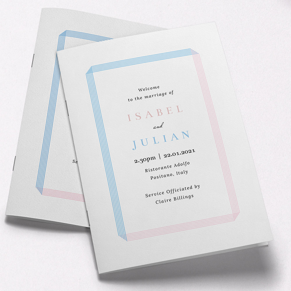 A blue and pink, a5 portrait multipage wedding order of service with a vintage style.