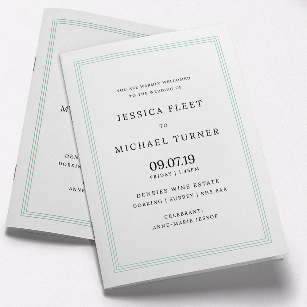 A green and white, a5 portrait multipage wedding order of service with a vintage style.