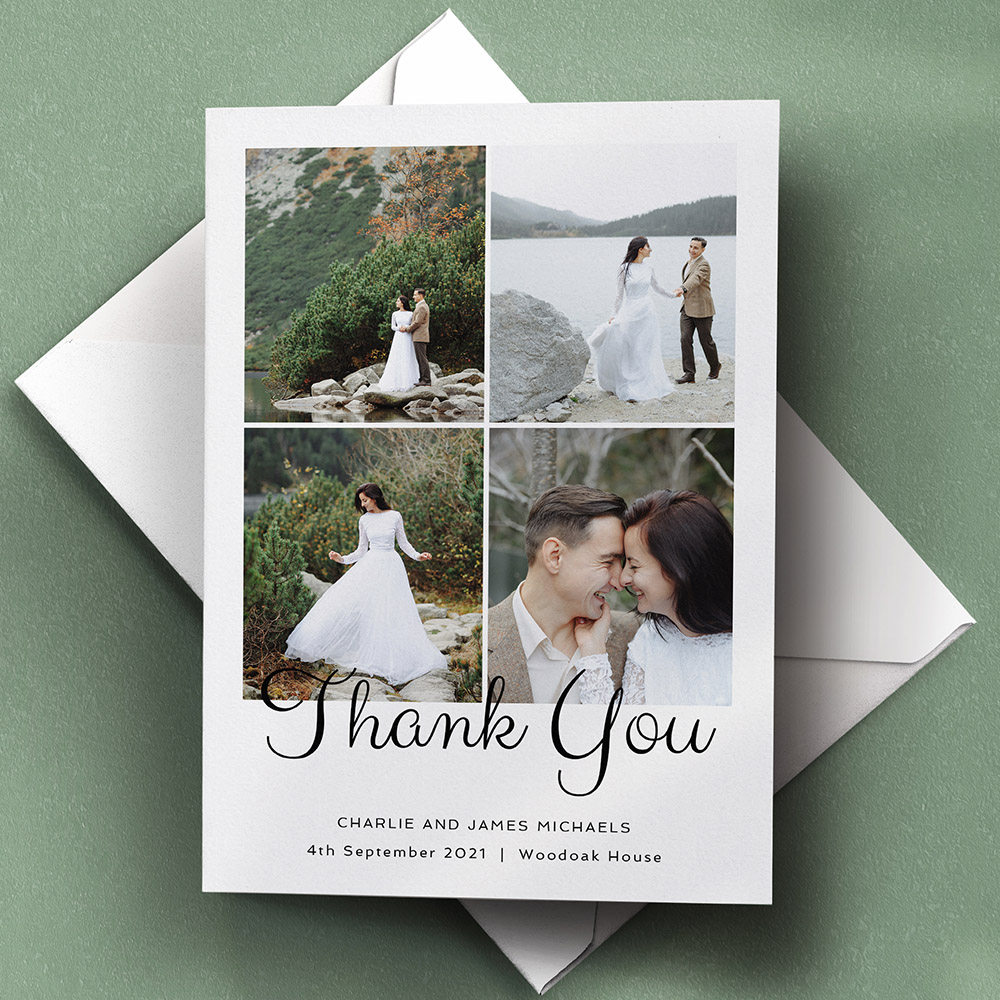 A white, a5 portrait plain wedding thank you card with a vintage style.