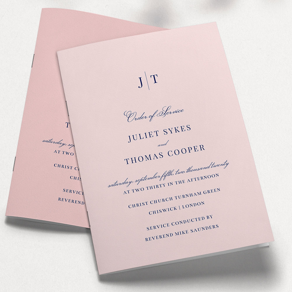 A pink, a5 portrait wedding order of service with a vintage style.