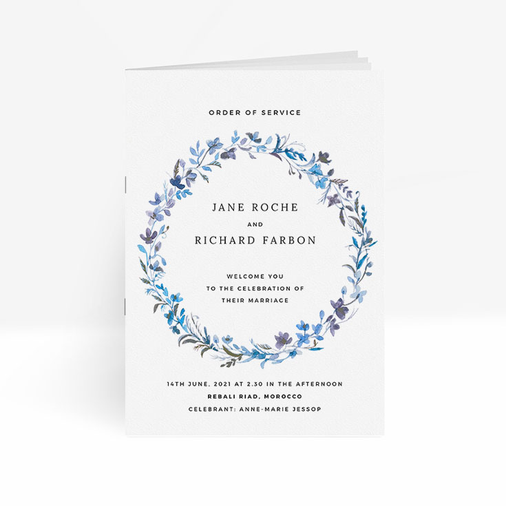 Blue floral wedding order of service booklet