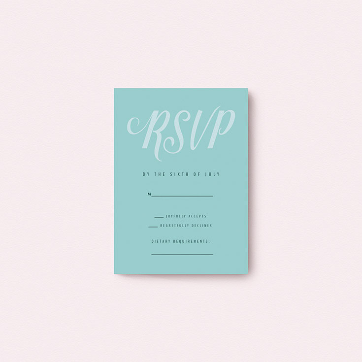 Personalised Wedding RSVP Card called "Slant Typography Mint Green"