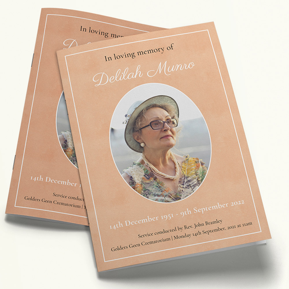 A light pink, a5 portrait funeral order of service with an elegant style.