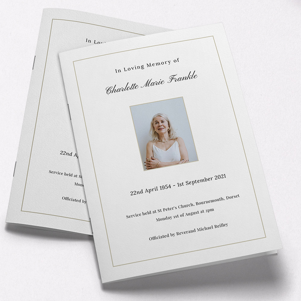 A white and yellow, a5 portrait funeral order of service with an elegant style.