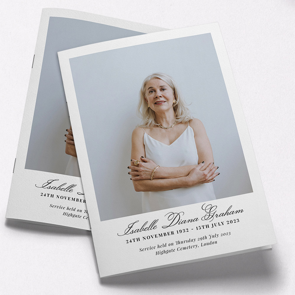 A white, a5 portrait funeral programme with an elegant style.